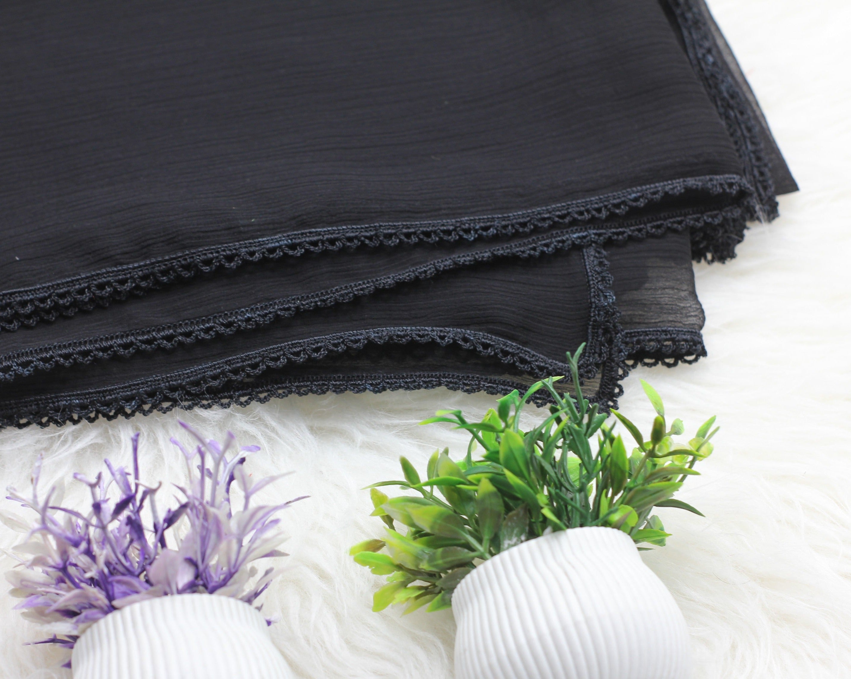 Four-sided crochet black chiffon dupatta
