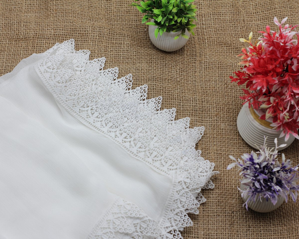 White Chiffon Dupatta - Four Side Lace