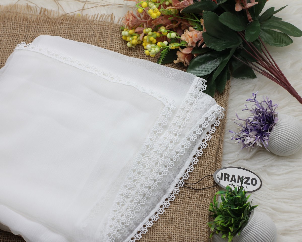 White Chiffon Dupatta - Four Side Lace