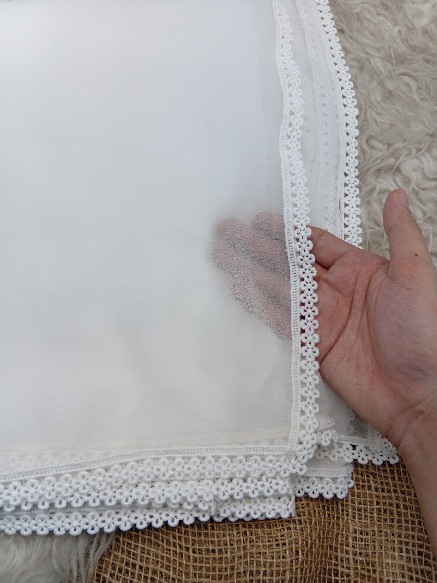 White Chiffon Dupatta - Four Side Lace