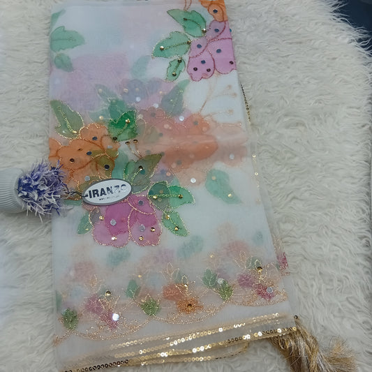 Hand Painted Organza Dupatta with Golden Lace