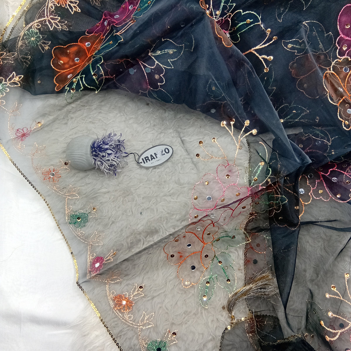 Hand Painted Organza Dupatta with Golden Lace