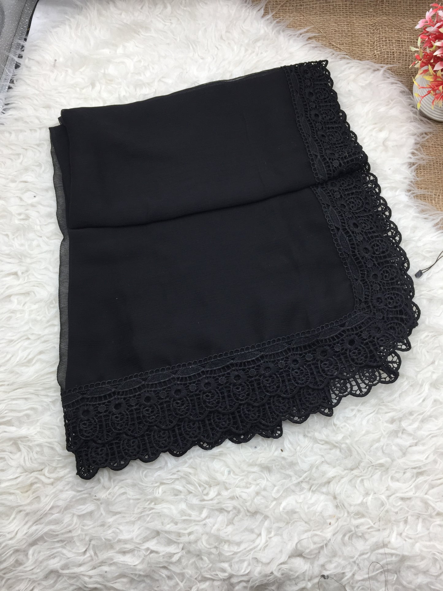 Black Chiffon Dupatta - Four Side Lace