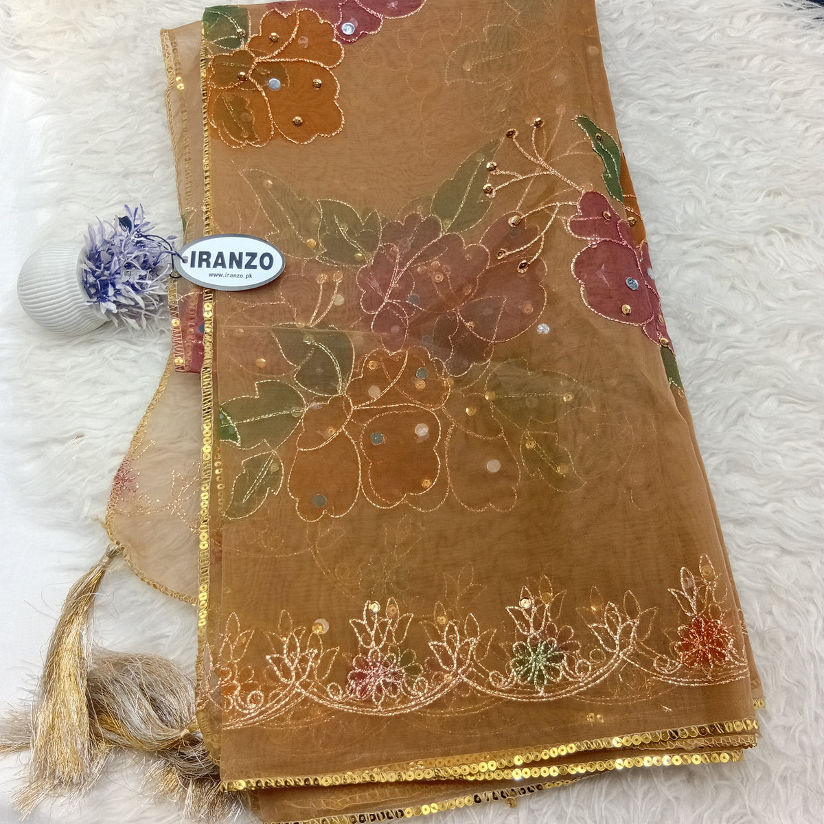 Hand Painted Organza Dupatta with Golden Lace