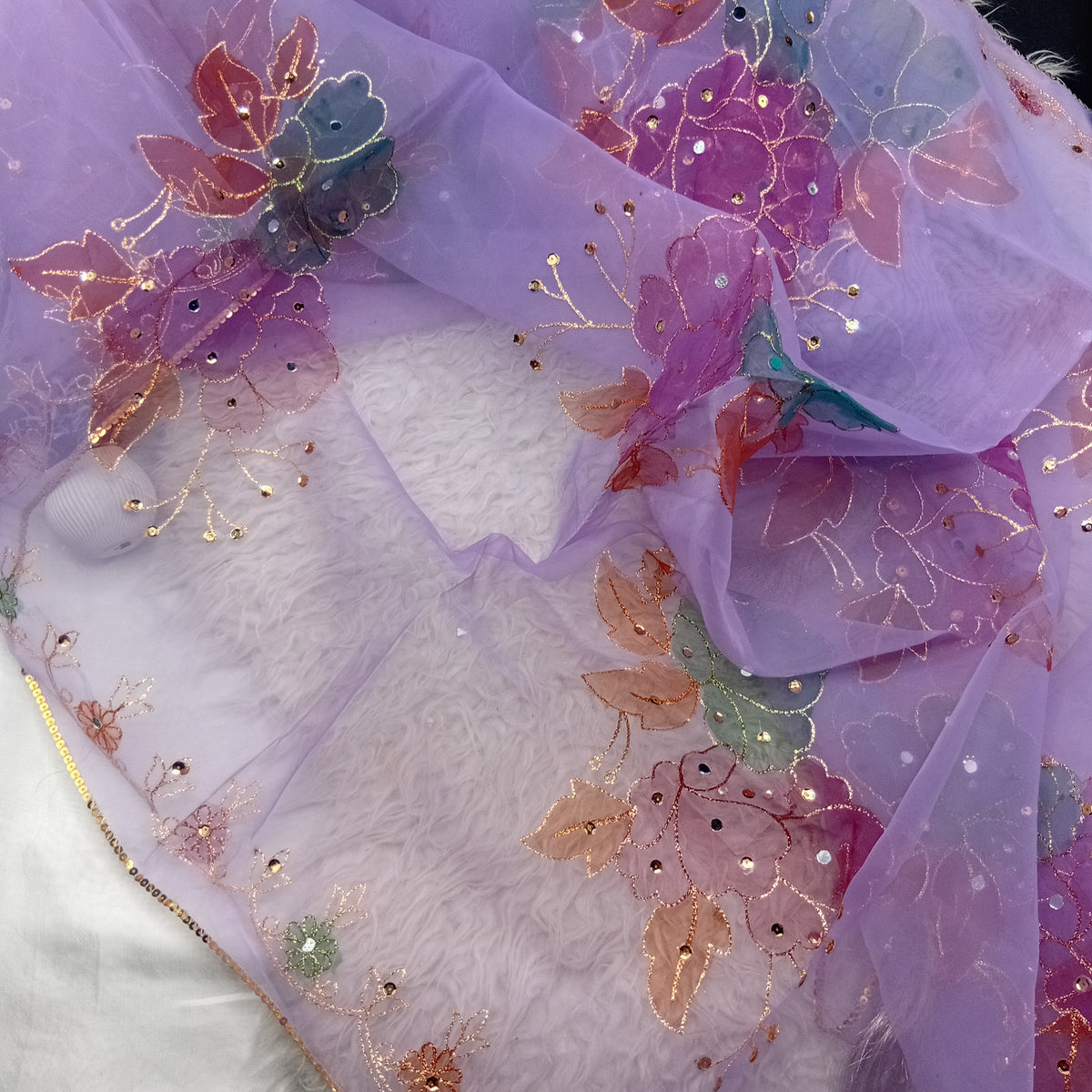 Hand Painted Organza Dupatta with Golden Lace