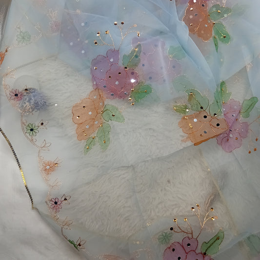 Hand Painted Organza Dupatta with Golden Lace