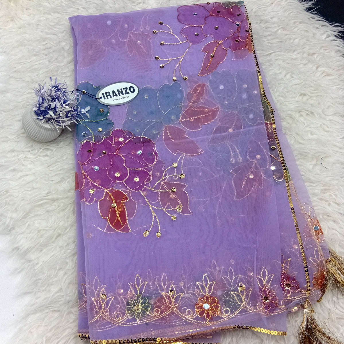 Hand Painted Organza Dupatta with Golden Lace