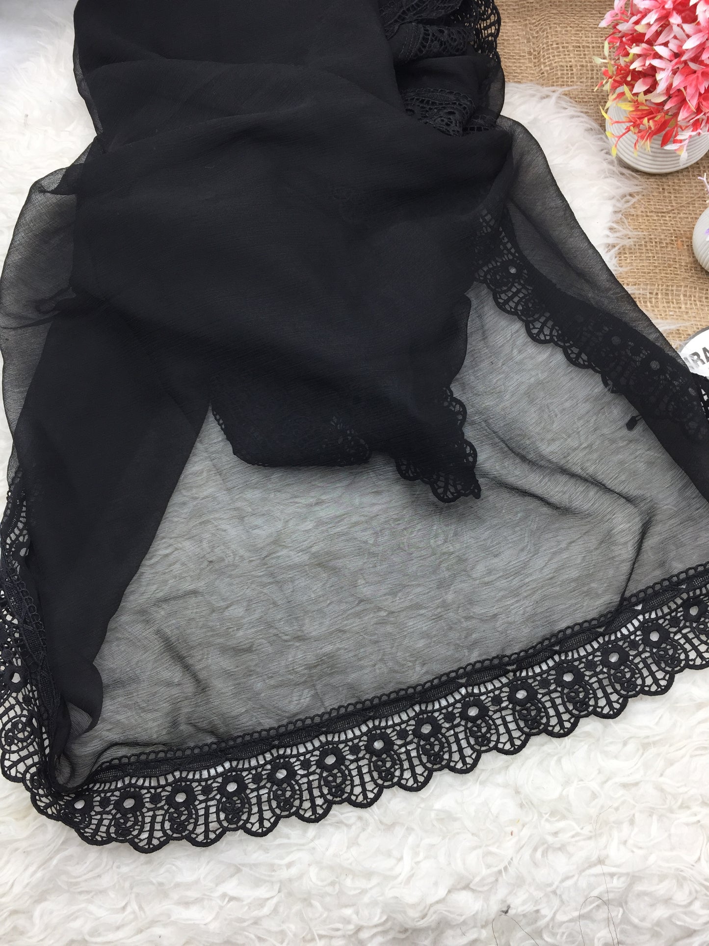 Black Chiffon Dupatta - Four Side Lace