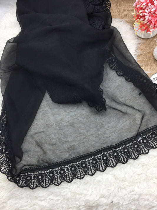 Black Chiffon Dupatta - Four Side Lace