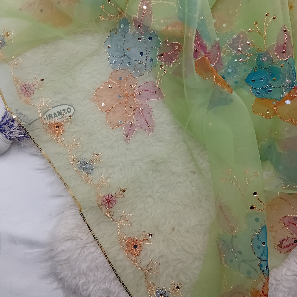 Hand Painted Organza Dupatta with Golden Lace