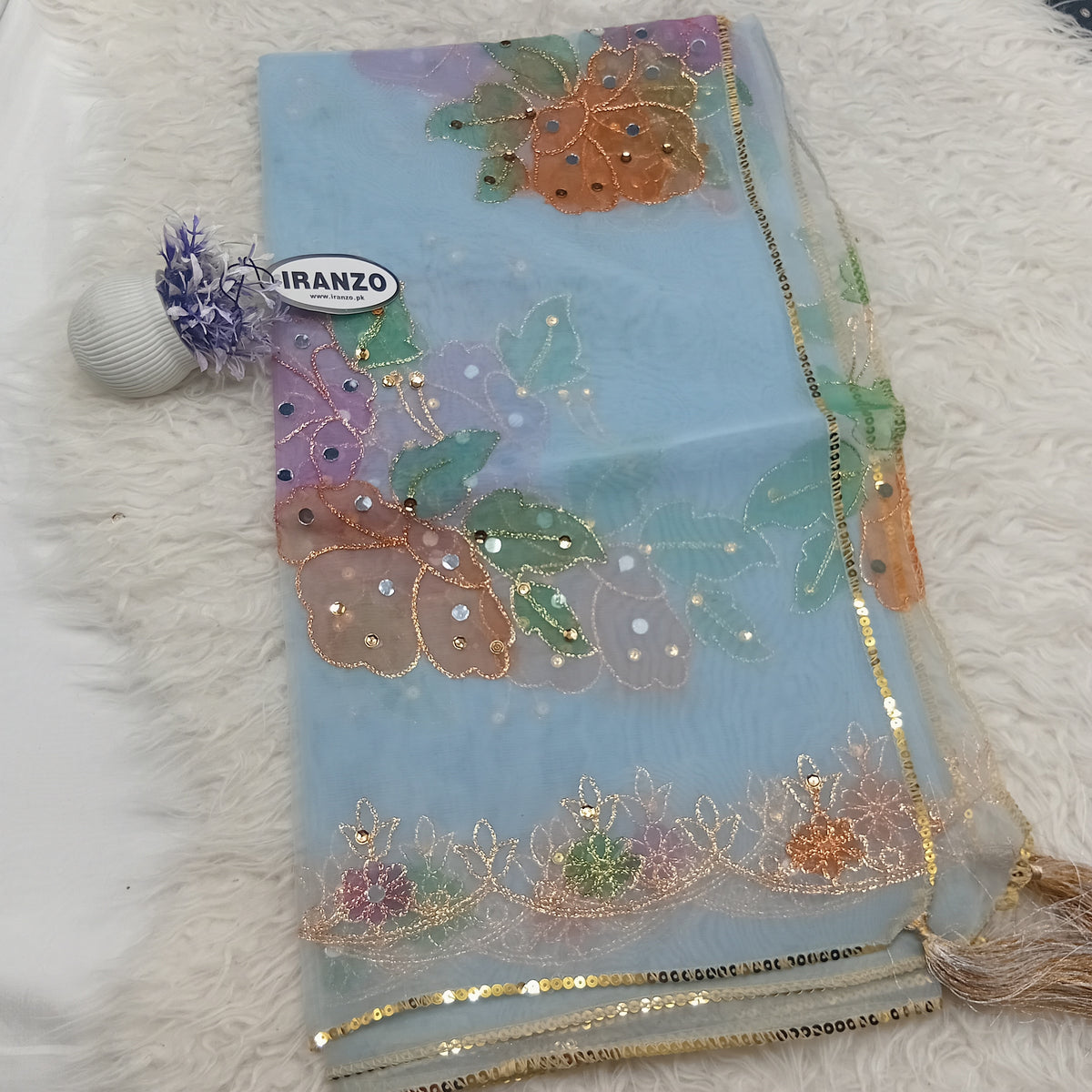 Hand Painted Organza Dupatta with Golden Lace