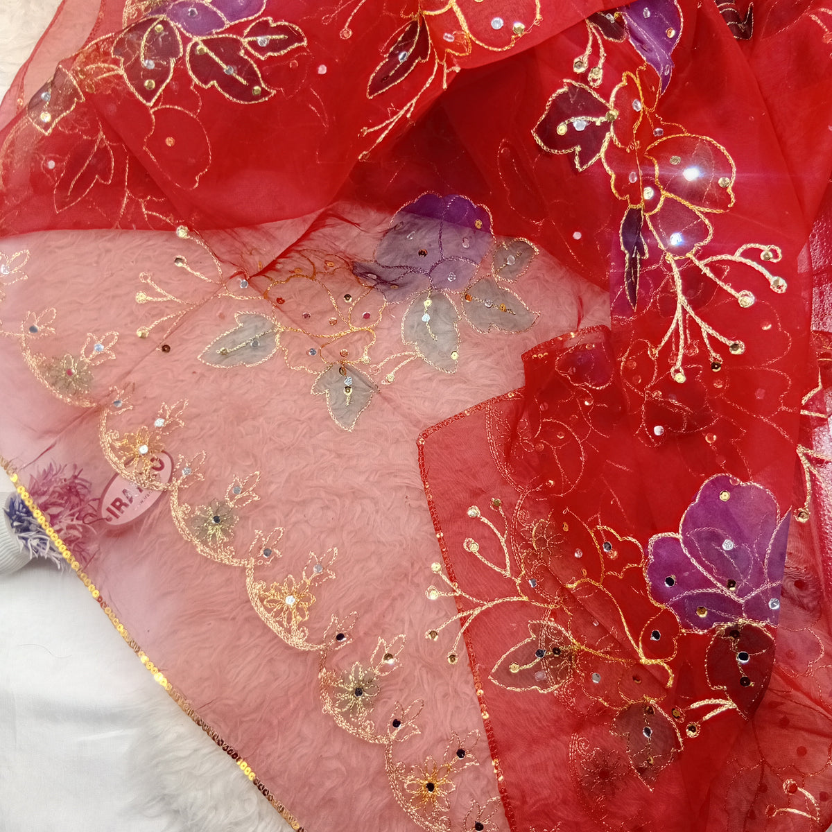 Hand Painted Organza Dupatta with Golden Lace