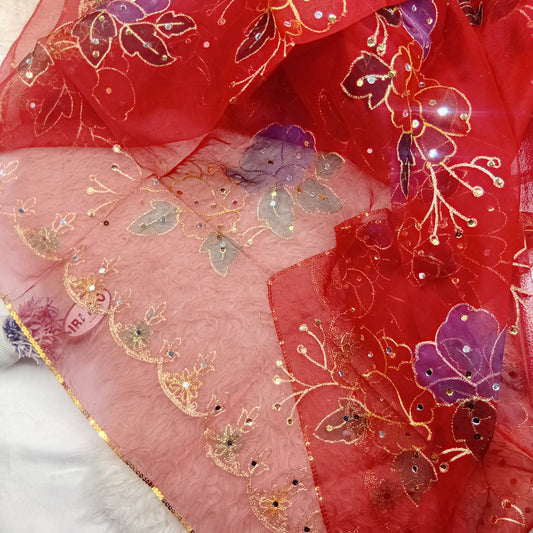 Hand Painted Organza Dupatta with Golden Lace