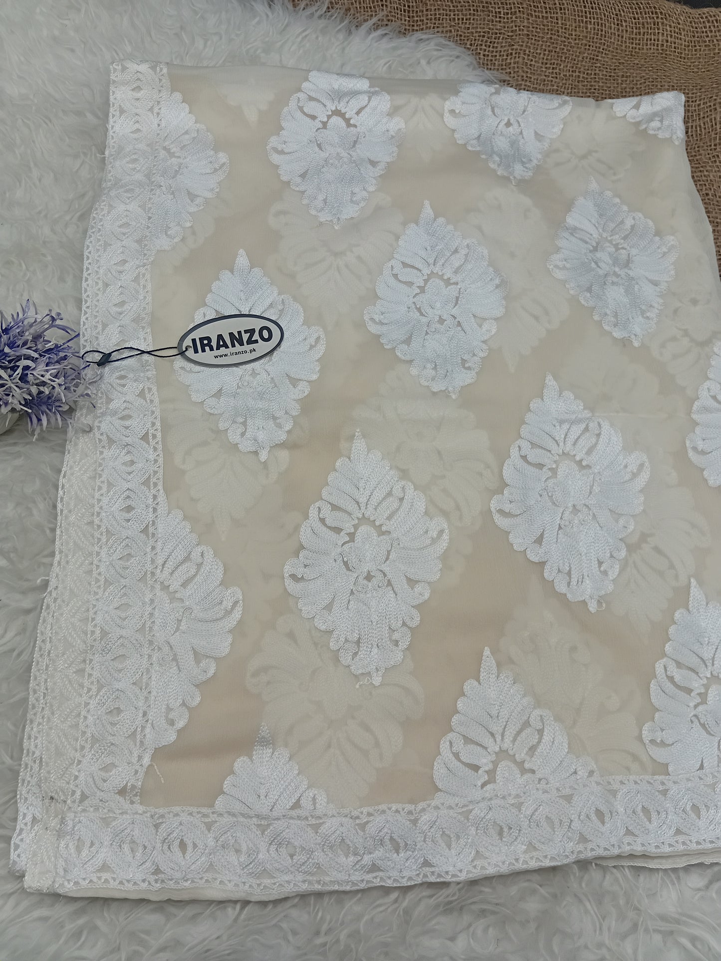 White Aari Embroidery Chiffon Dupatta With All-Over Motifs