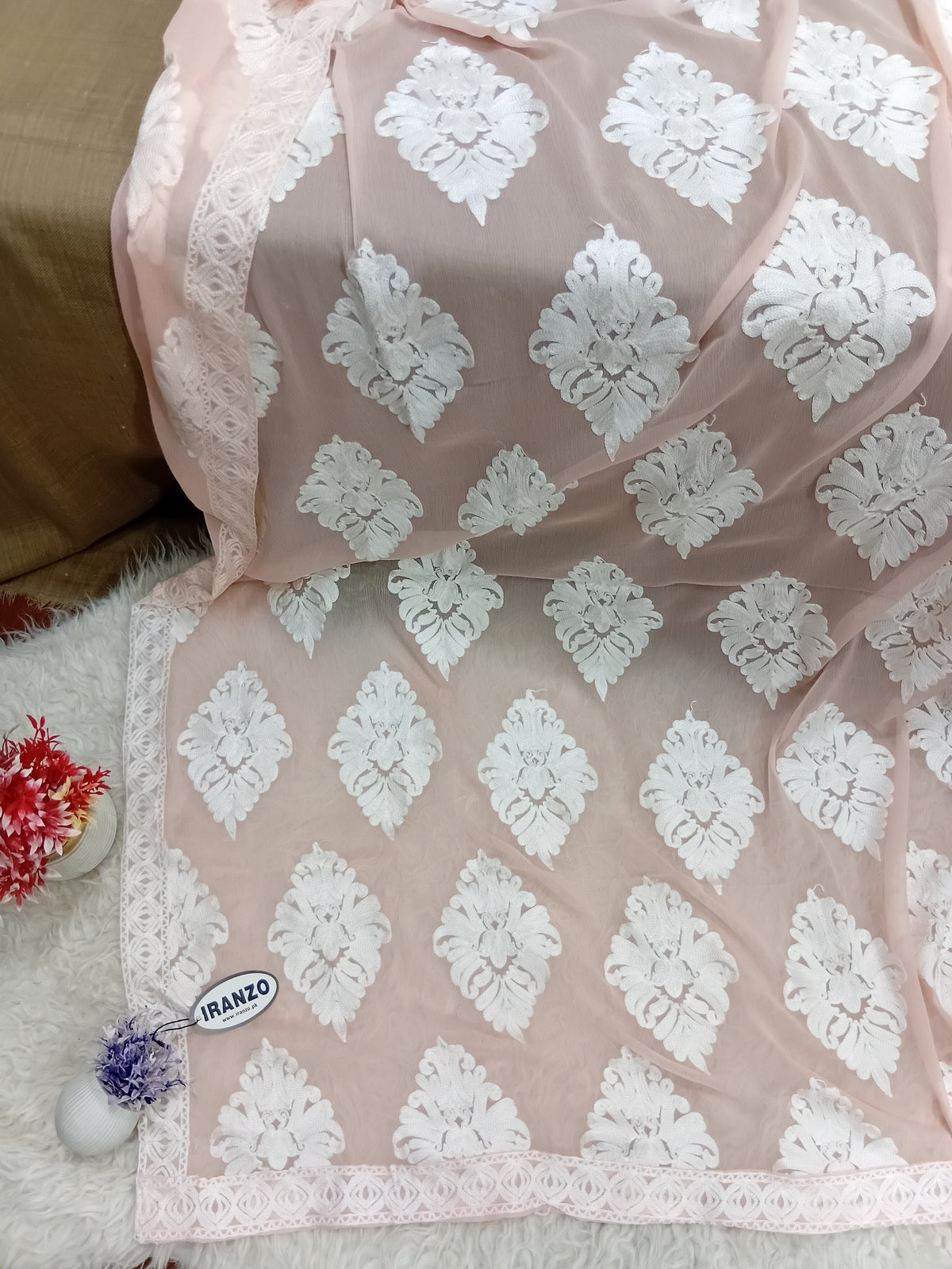 White Aari Embroidery Chiffon Dupatta With All-Over Motifs