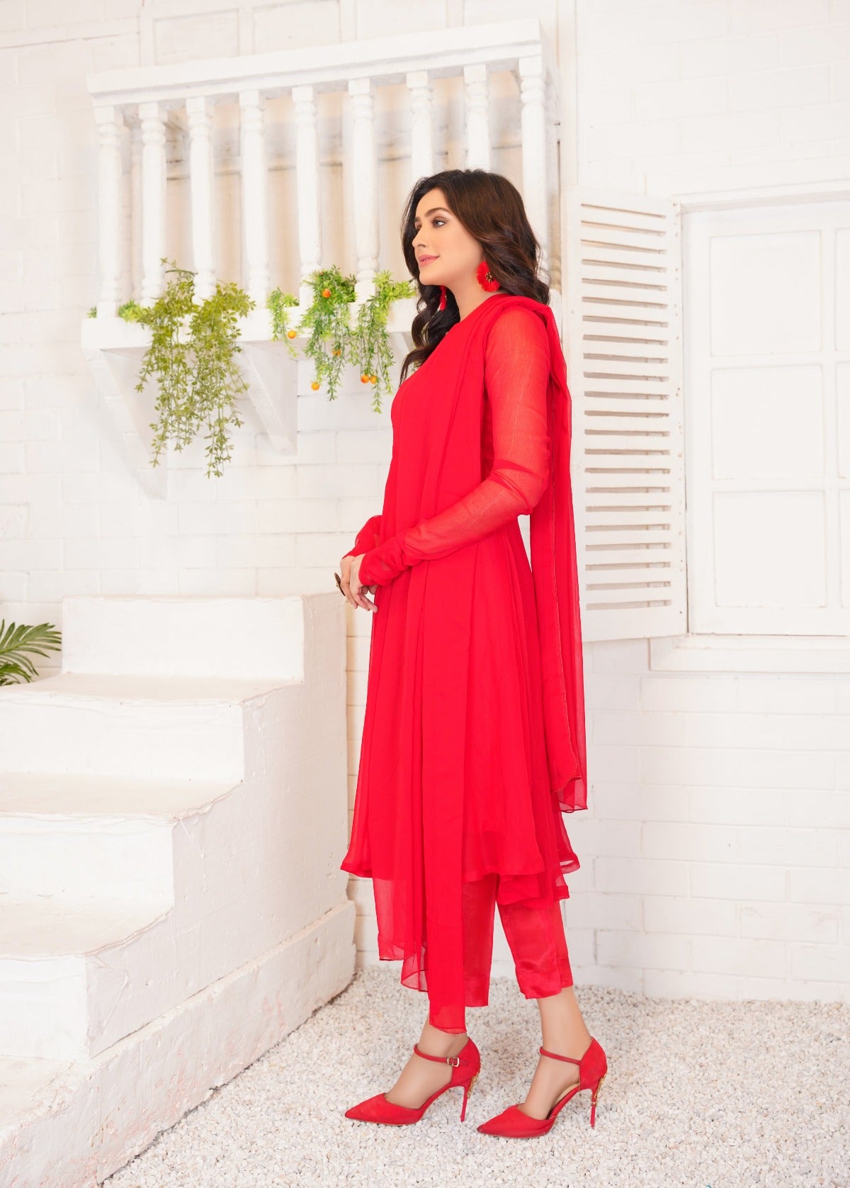 SCARLET RED CHIFFON SUIT